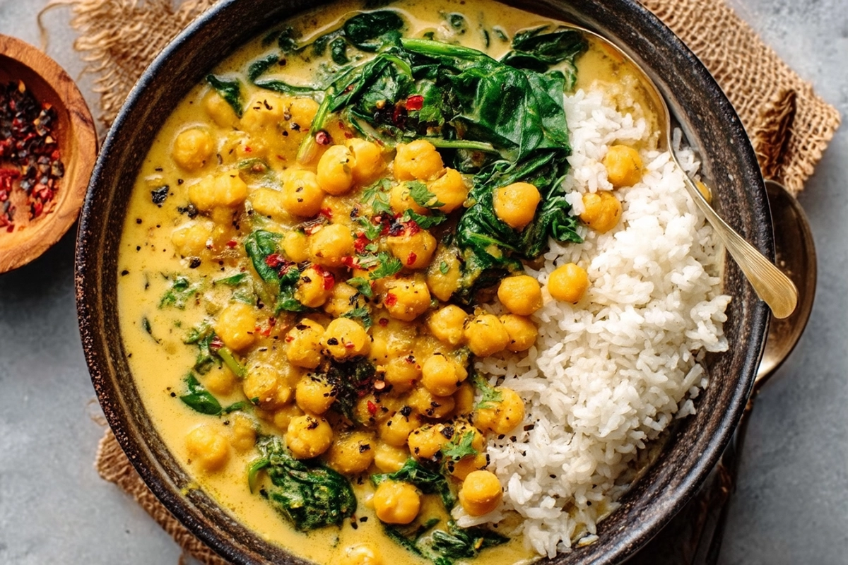 Steph’s Chickpea Curry with Spinach and Rice: A Creamy Vegan Delight 4 Chickpea Curry With Spinach And Ric