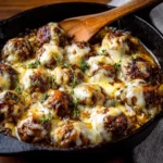 French Onion Meatballs with melted Gruyère cheese