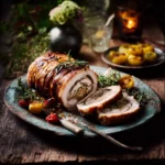 juicy best Christmas stuffed turkey breast sliced with cranberry herb stuffing on white plate