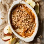 caramel apple dip with cream cheese on rustic fall table