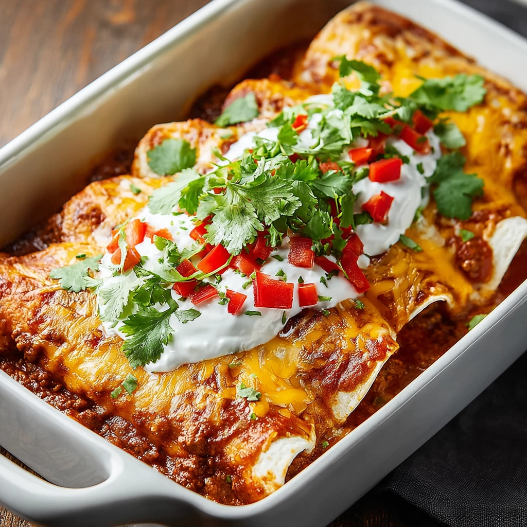 Cheesy Ground Beef Enchiladas baked with melted cheese