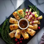 festive christmas appetizers platter with baked brie bites, bacon-wrapped smokies, and veggie skewers on marble countertop