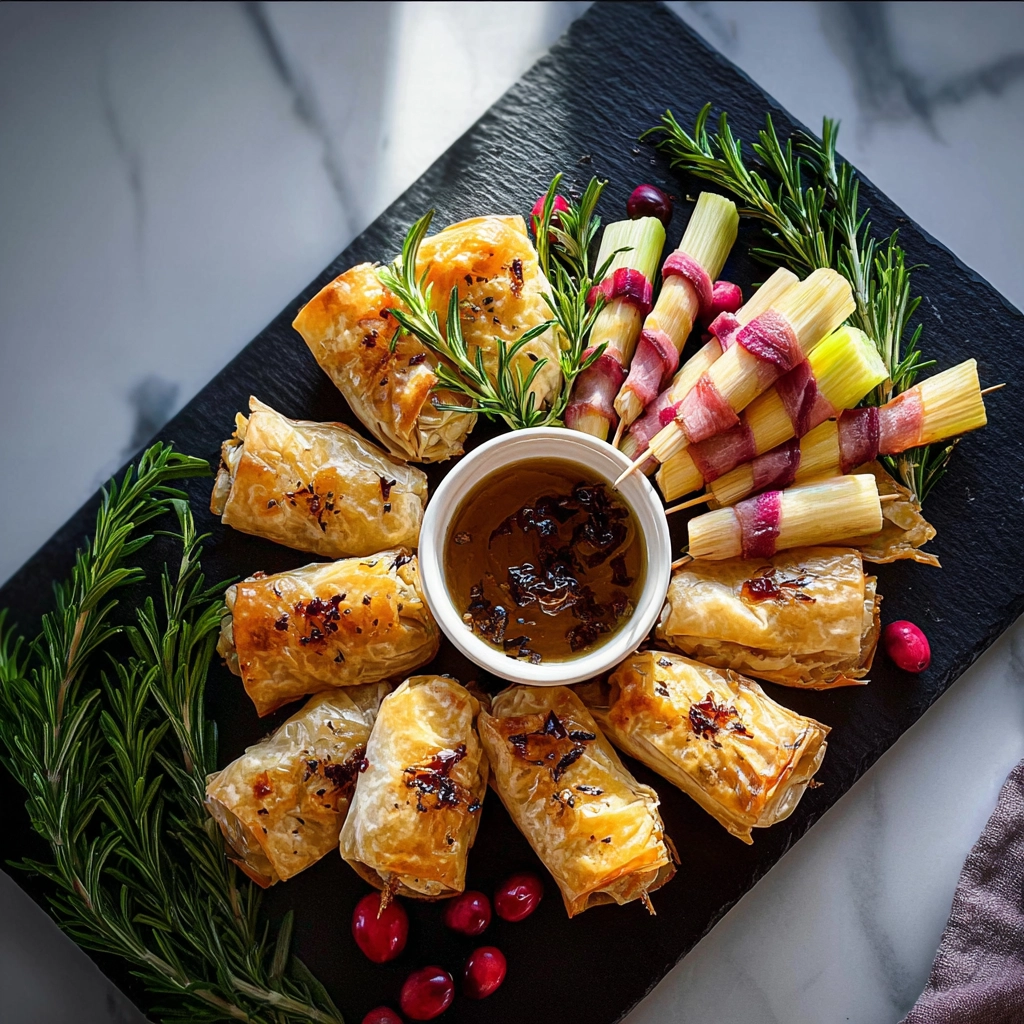 festive christmas appetizers platter with baked brie bites, bacon-wrapped smokies, and veggie skewers on marble countertop