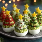 Festive deviled egg Christmas trees with green filling and pepper stars on a modern plate