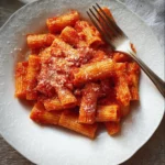 creamy tomato sauce vegan gluten free on rigatoni pasta