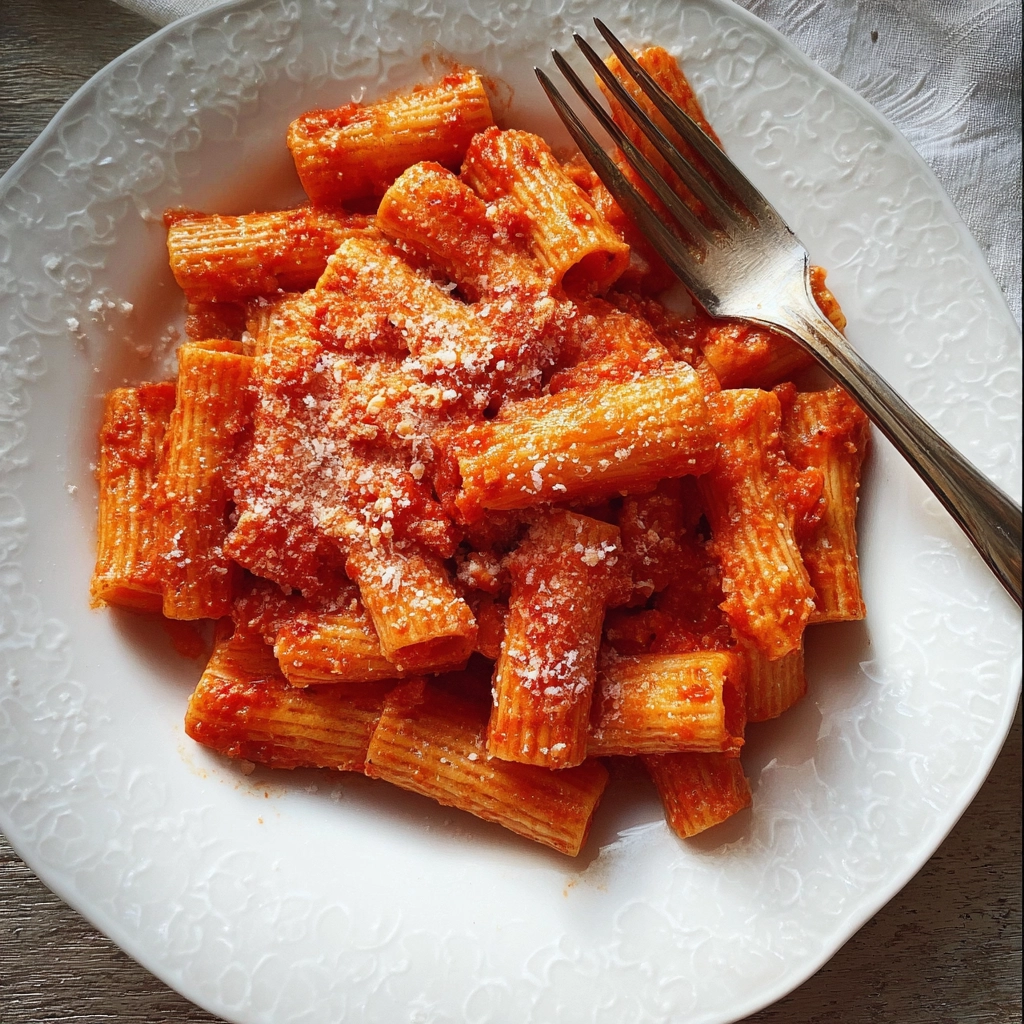 creamy tomato sauce vegan gluten free on rigatoni pasta