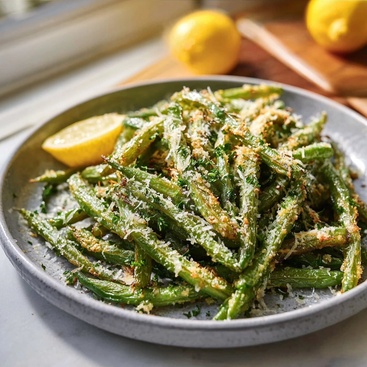crispy oven baked green beans with parmesan plated on white dish under natural light
