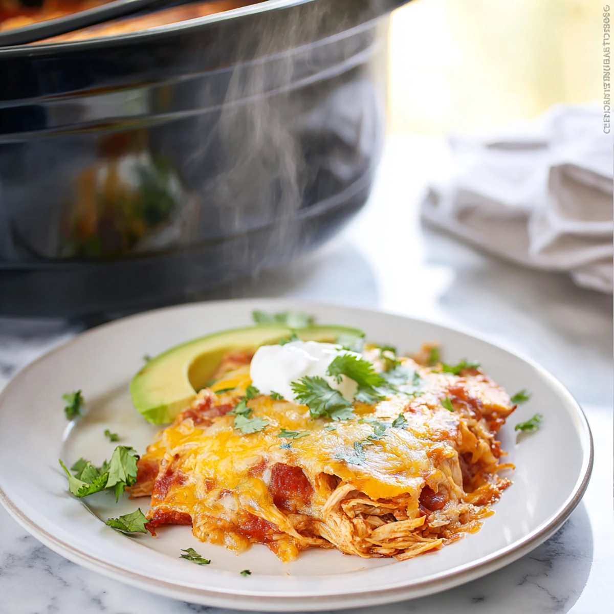 Crockpot Chicken Enchilada Casserole plated on white plate with melted cheese and cilantro garnish