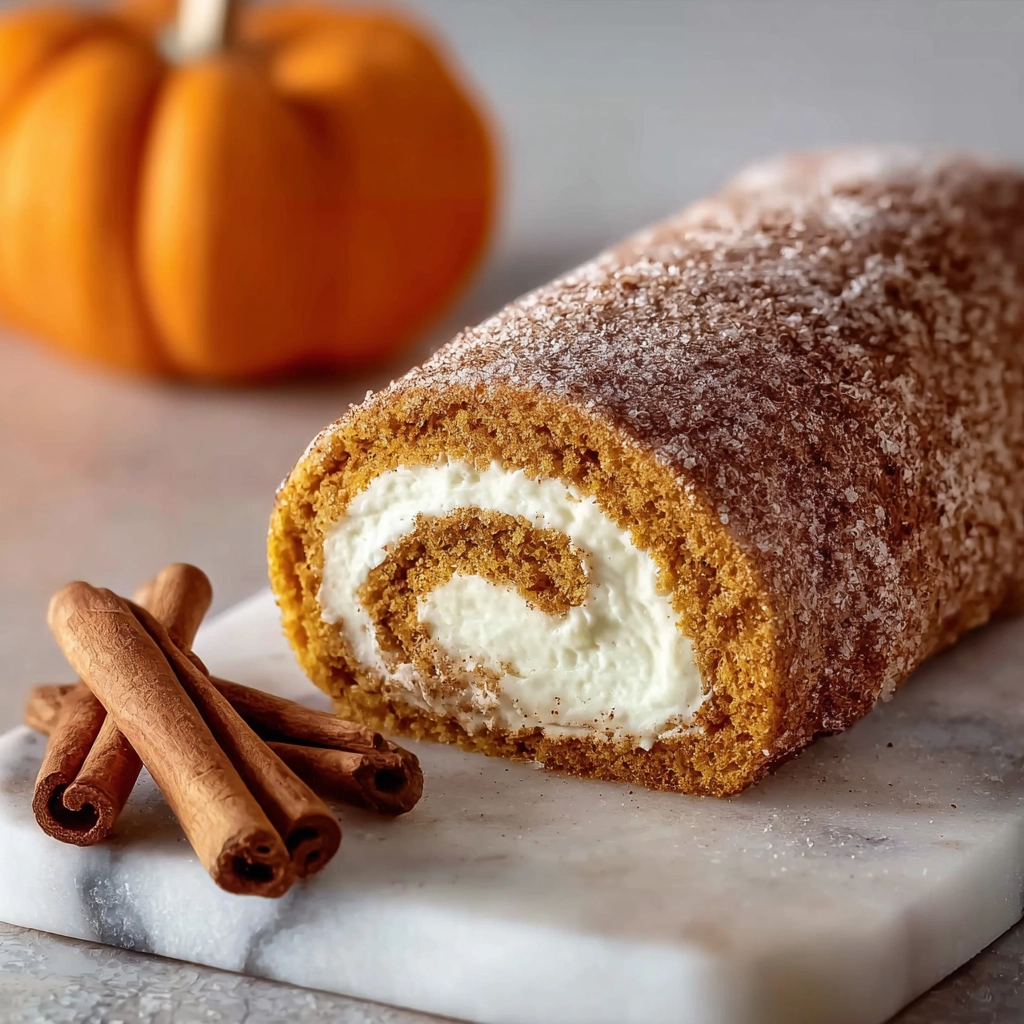 Fall Pumpkin Spice Roll Cake with Cream Cheese Swirl