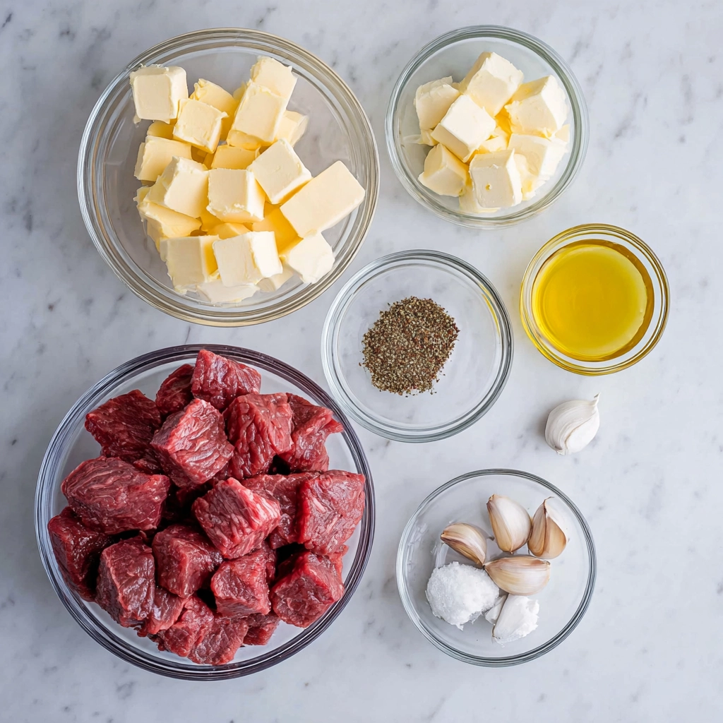 Garlic butter beef bites ingredients on table