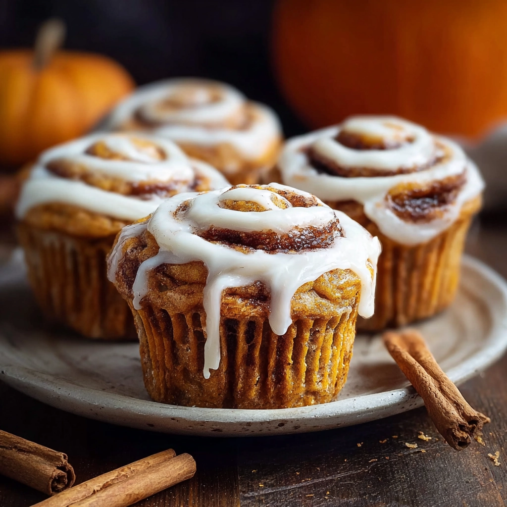 pumpkin cinnamon roll muffins with glaze