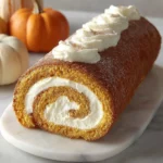 Pumpkin spice roll cake with cream cheese swirl on autumn table