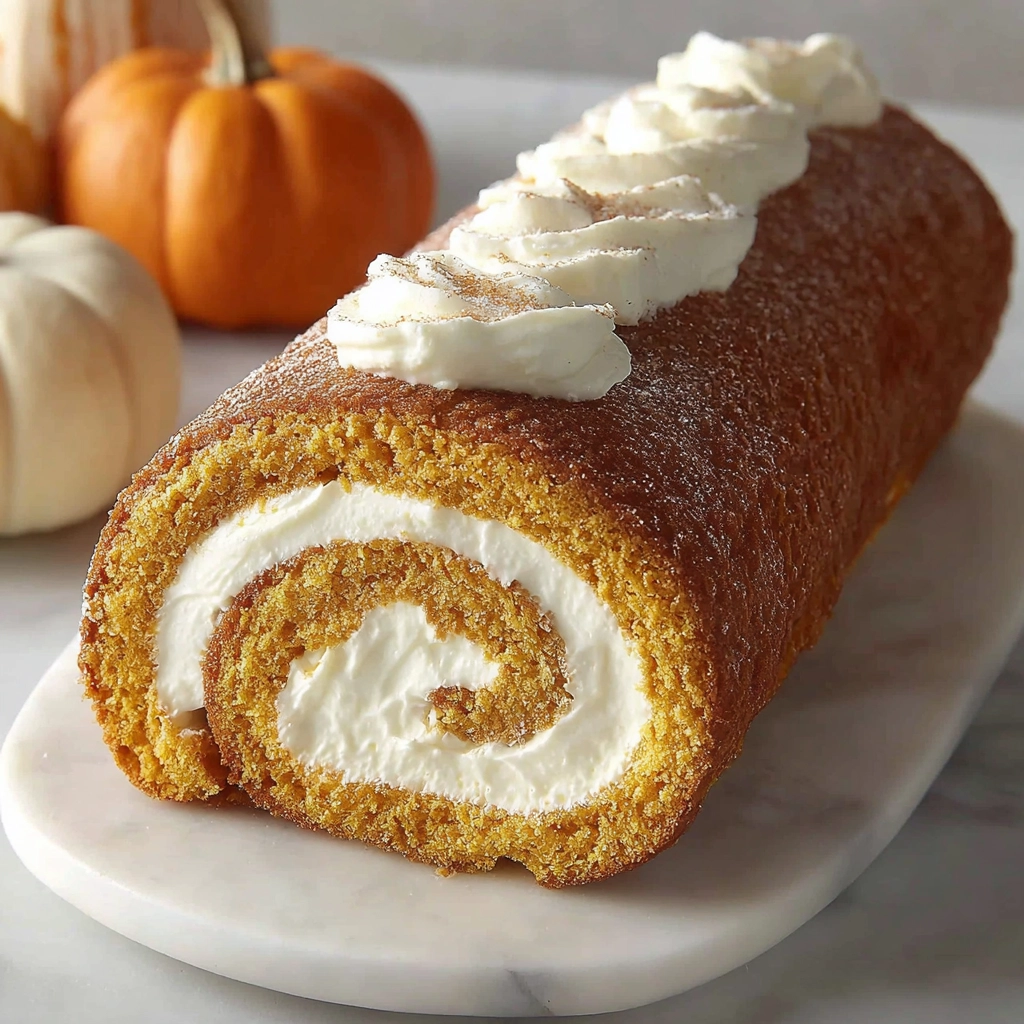 Pumpkin spice roll cake with cream cheese swirl on autumn table