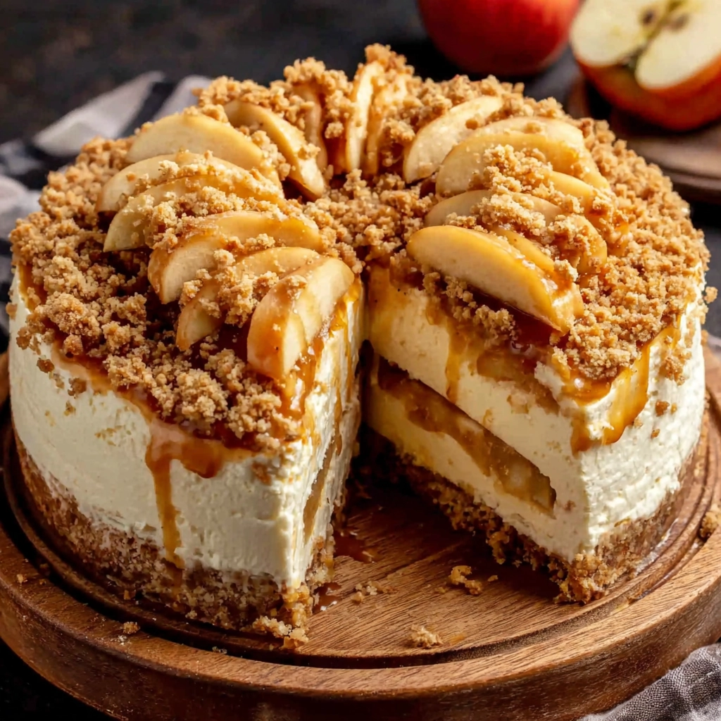 serving apple crumble cheesecake slice