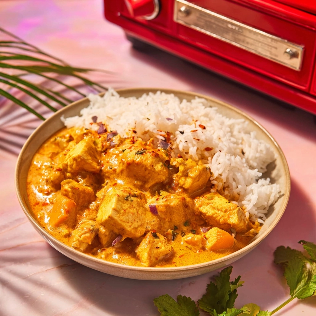 Slow cooker butter chicken served with naan and rice in a modern kitchen