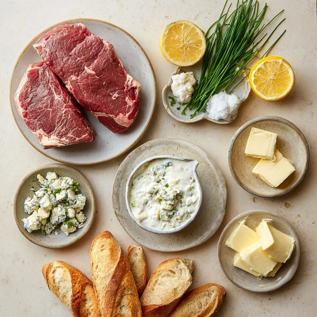 Steak Crostini with Creamy Horseradish Sauce and Caramelized Onions 5 All components for preparing steak crostini appetizer.