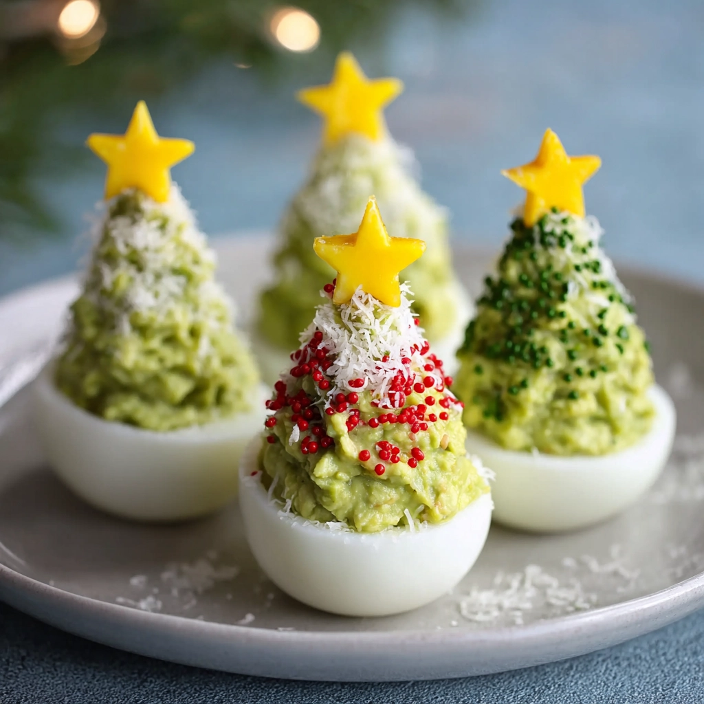 Deviled egg Christmas trees served on white platter with festive garnish and soft daylight
