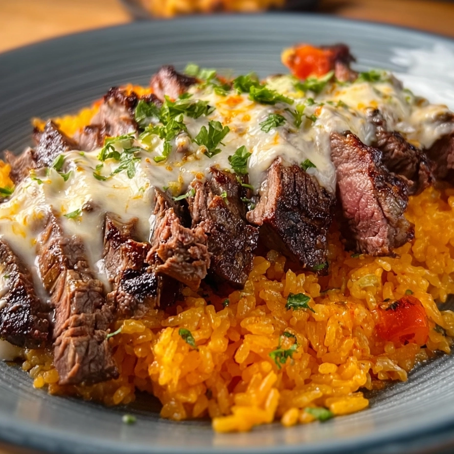 Creamy Queso Rice with Juicy Steak Strips Serving