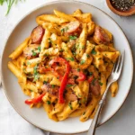 creamy cajun sausage pasta served in a bowl