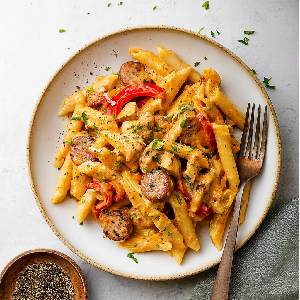 serving creamy cajun sausage pasta dinner