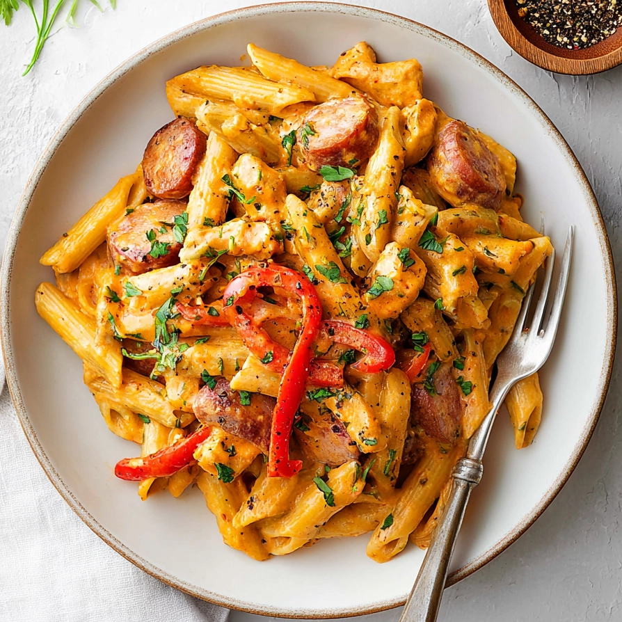 creamy cajun sausage pasta served in a bowl