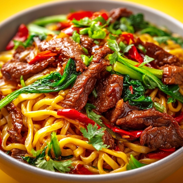 sticky beef noodles Serving